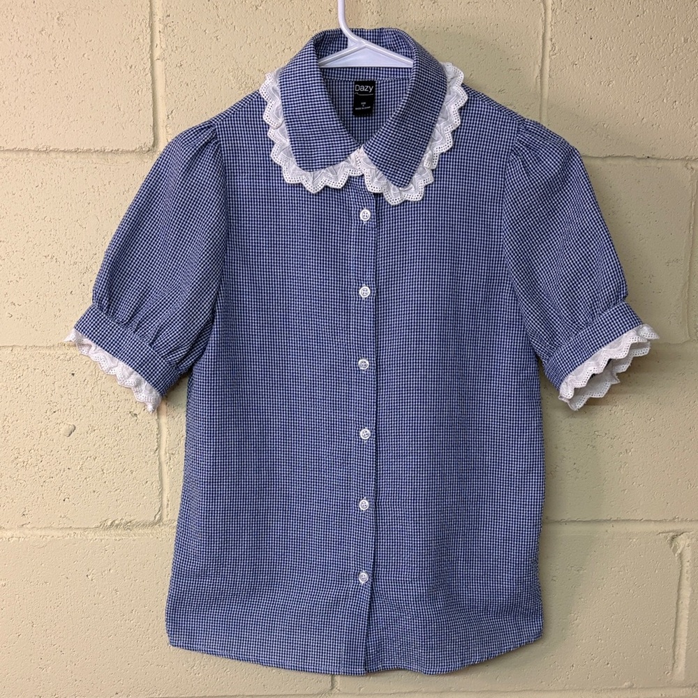 Vintage Gingham Lace collar Button Up Shirt